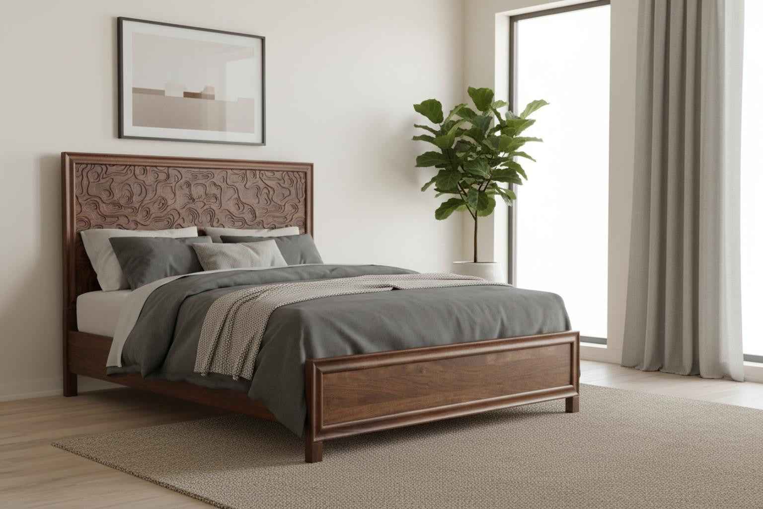 Brown Solid Wood King Bed Frame