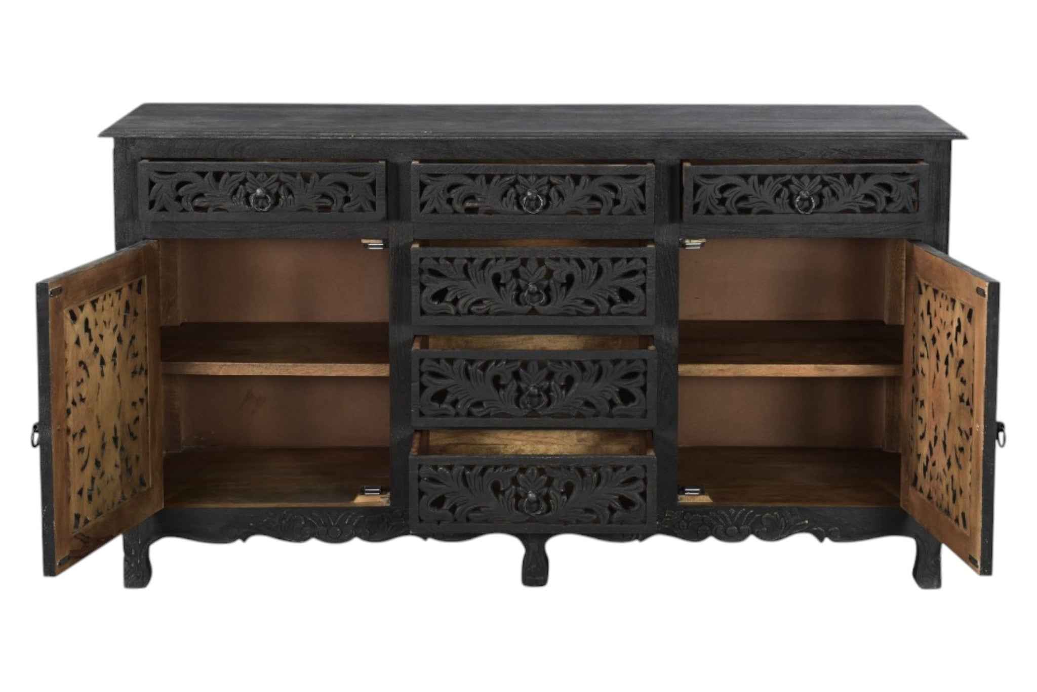 66" Black Distressed Solid Wood Carved Floral Six Drawer Sideboard with Two Doors