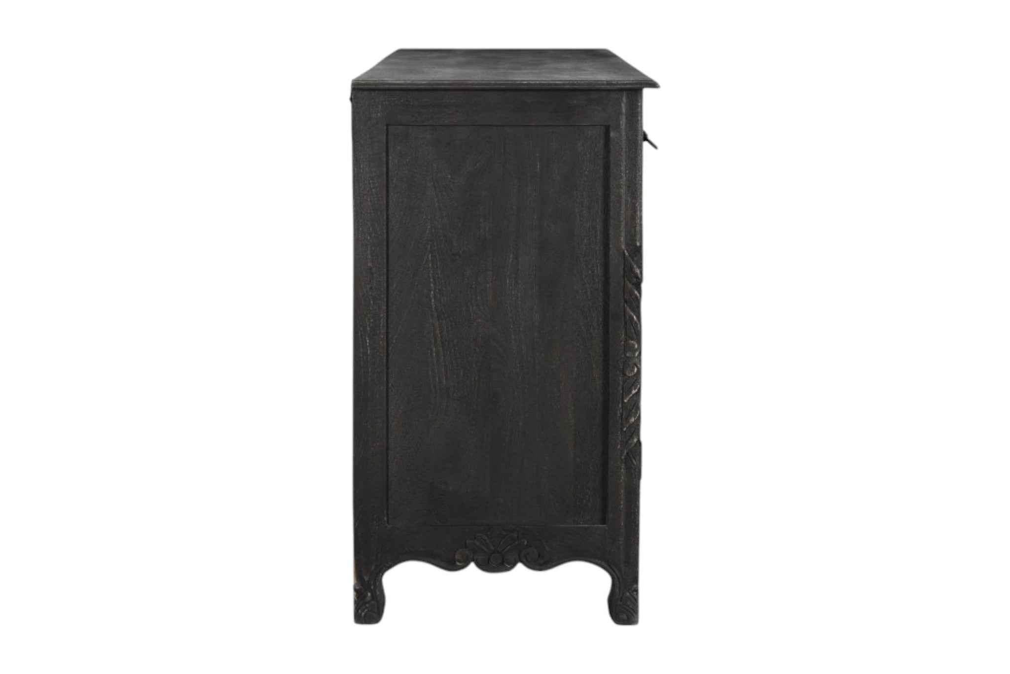 66" Black Distressed Solid Wood Carved Floral Six Drawer Sideboard with Two Doors