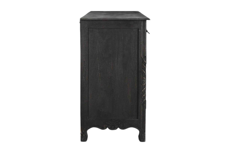 66" Black Distressed Solid Wood Carved Floral Six Drawer Sideboard with Two Doors