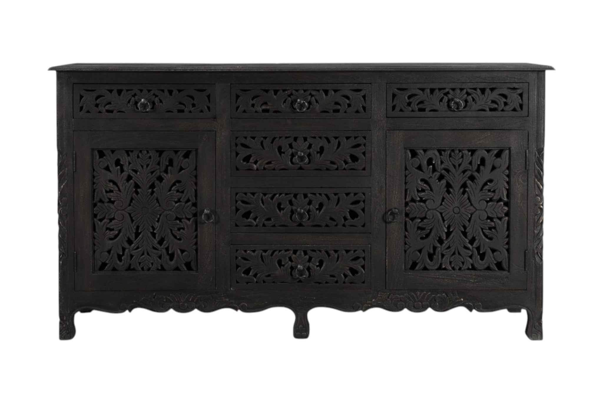 66" Black Distressed Solid Wood Carved Floral Six Drawer Sideboard with Two Doors