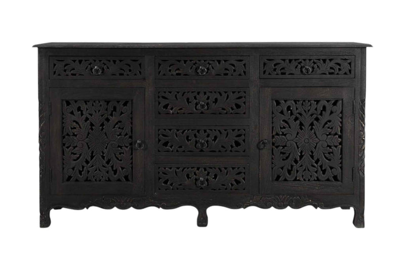 66" Black Distressed Solid Wood Carved Floral Six Drawer Sideboard with Two Doors