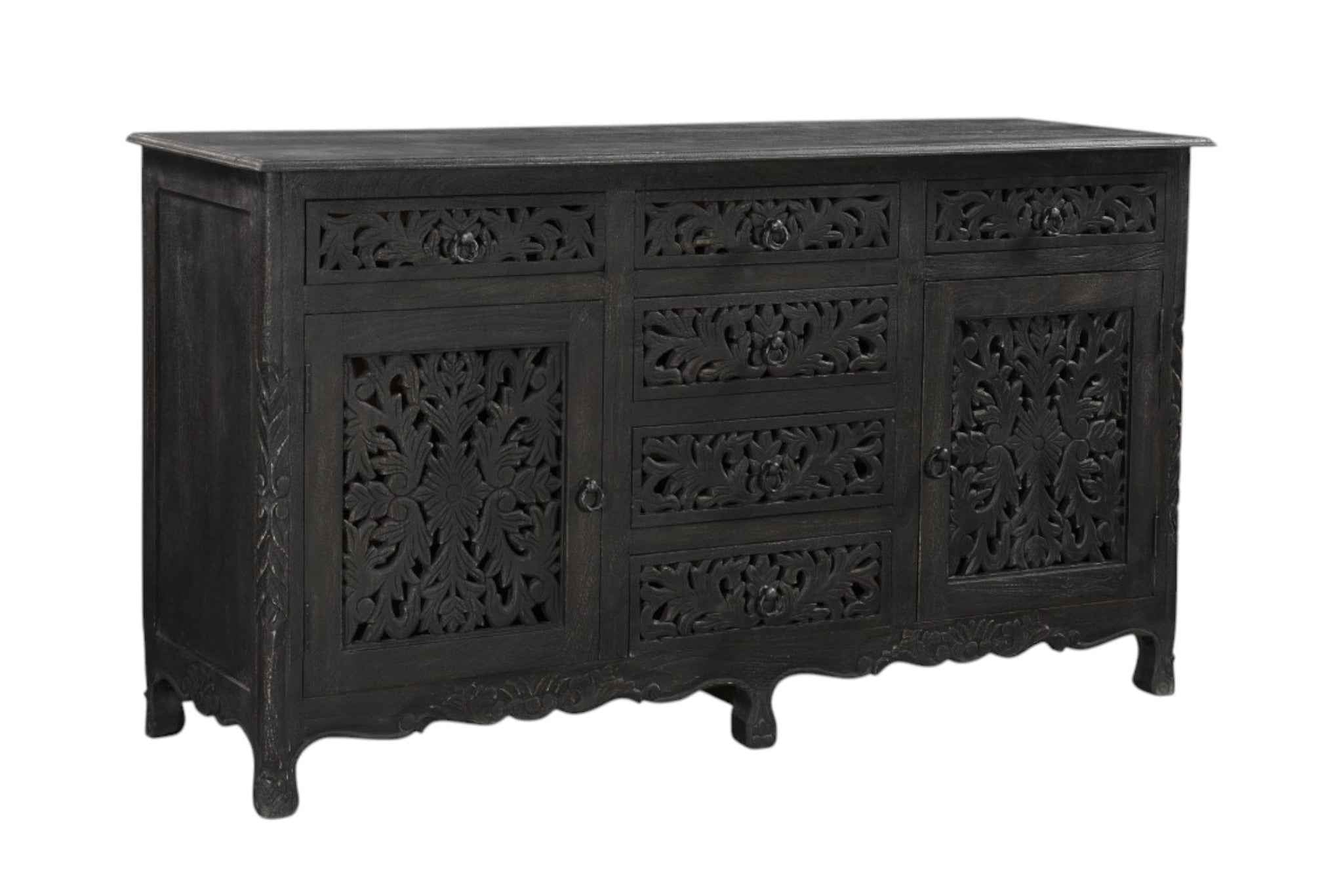 66" Black Distressed Solid Wood Carved Floral Six Drawer Sideboard with Two Doors