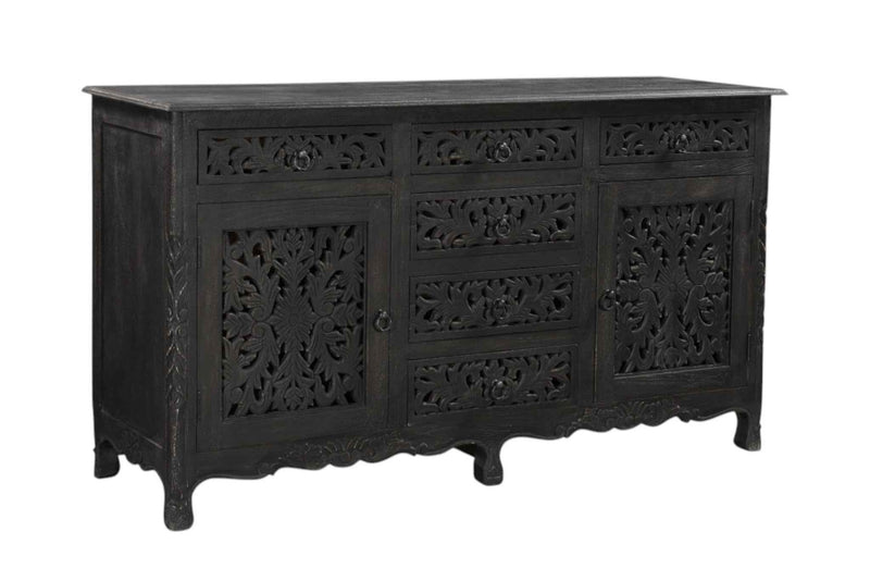66" Black Distressed Solid Wood Carved Floral Six Drawer Sideboard with Two Doors