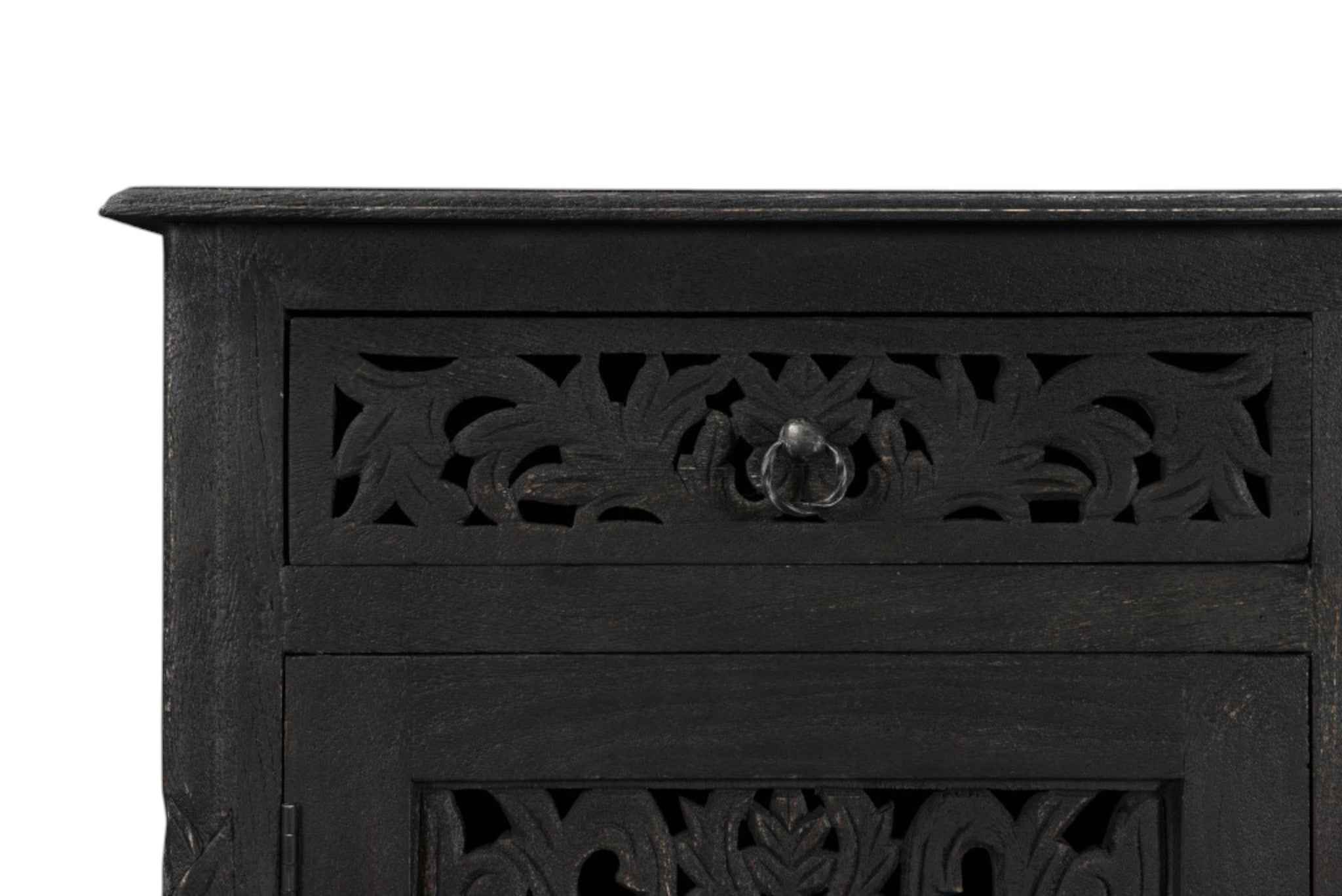 66" Black Distressed Solid Wood Carved Floral Six Drawer Sideboard with Two Doors