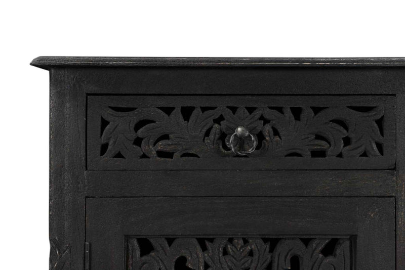 66" Black Distressed Solid Wood Carved Floral Six Drawer Sideboard with Two Doors