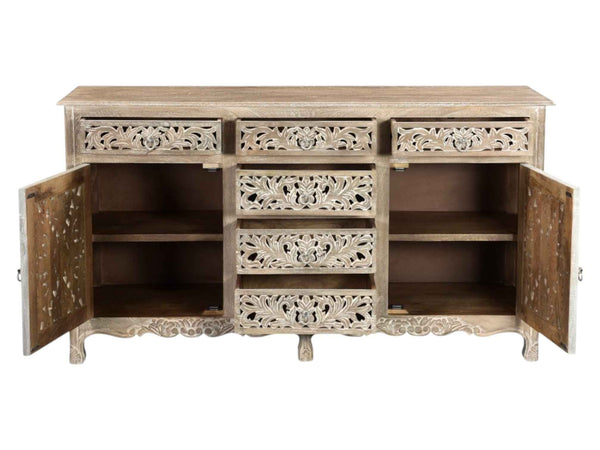66" Gray Distressed Solid Wood Carved Floral Six Drawer Sideboard with Two Doors