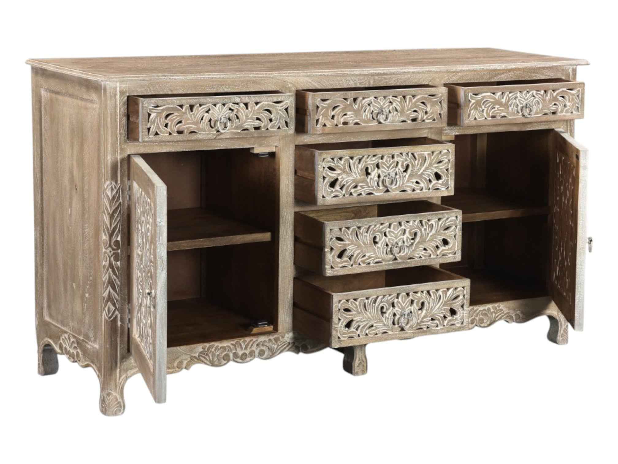 66" Gray Distressed Solid Wood Carved Floral Six Drawer Sideboard with Two Doors