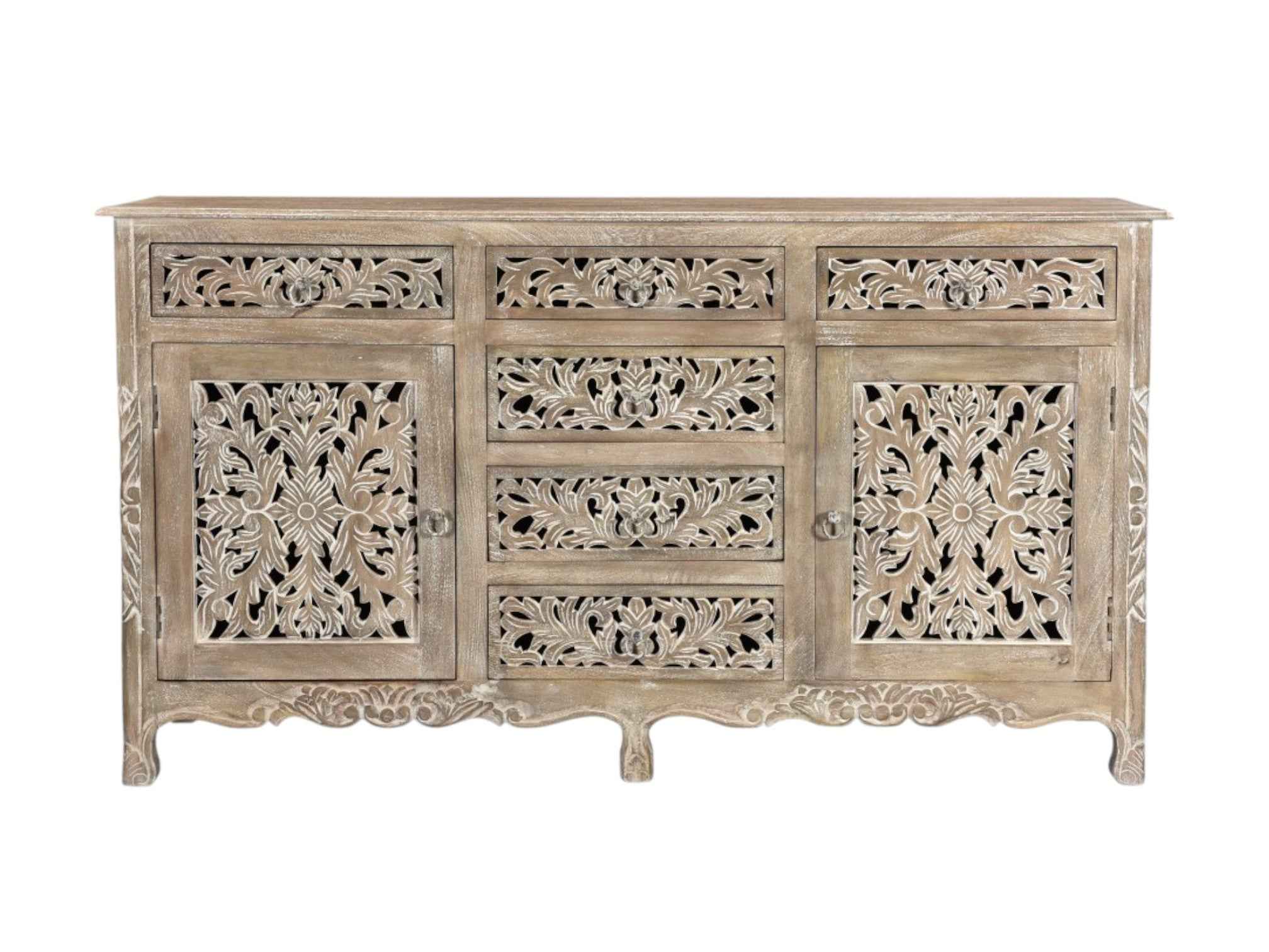 66" Gray Distressed Solid Wood Carved Floral Six Drawer Sideboard with Two Doors