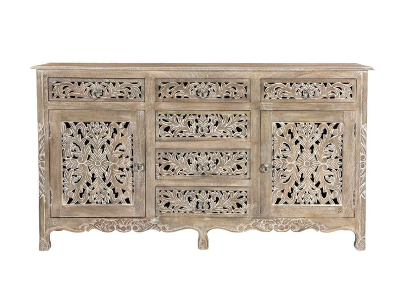66" Gray Distressed Solid Wood Carved Floral Six Drawer Sideboard with Two Doors