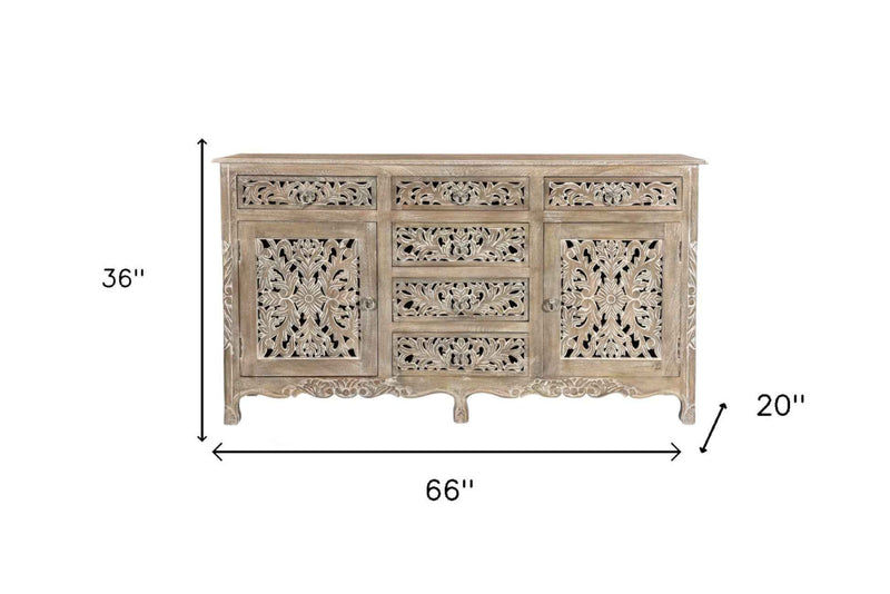 66" Gray Distressed Solid Wood Carved Floral Six Drawer Sideboard with Two Doors
