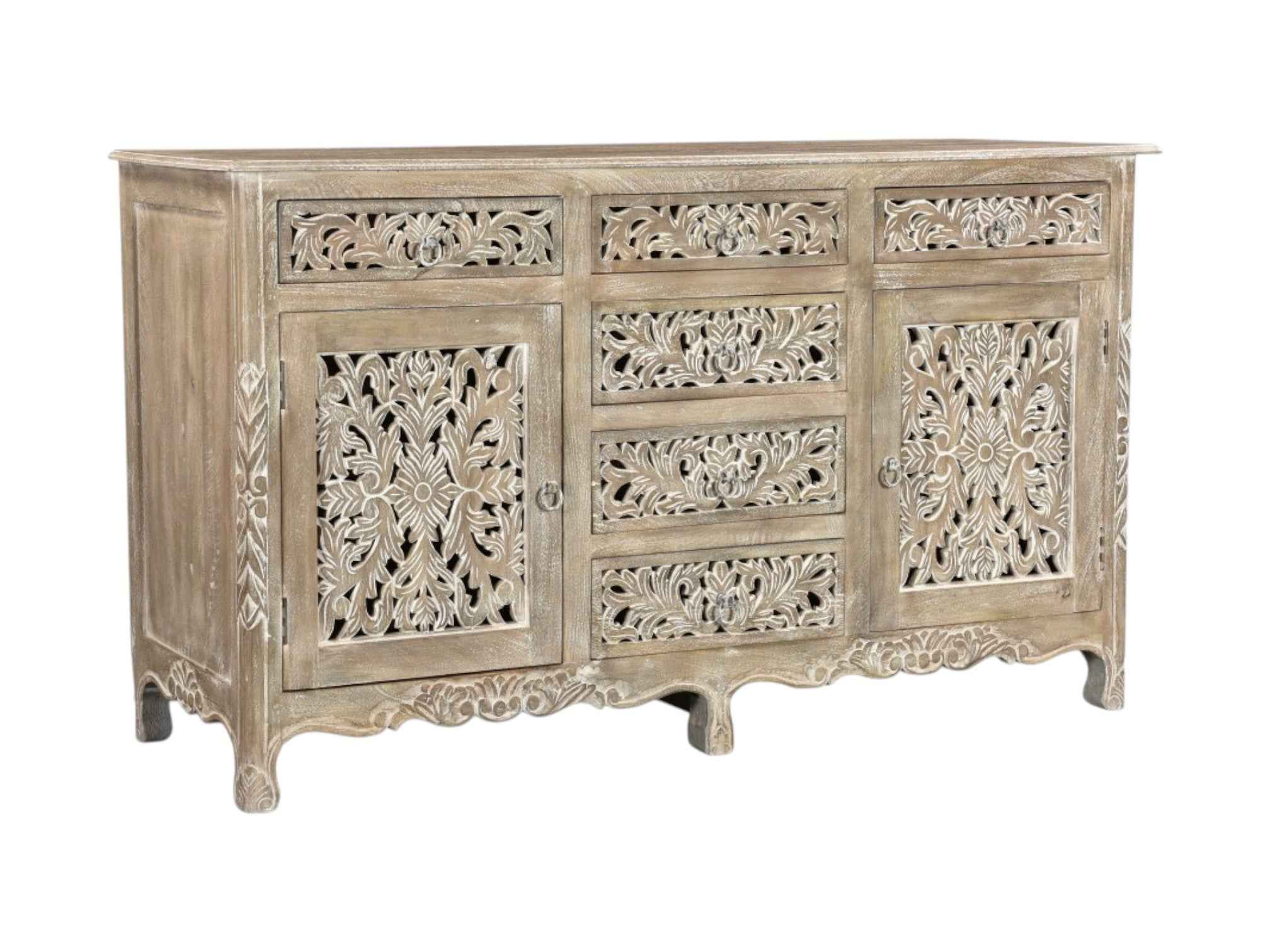 66" Gray Distressed Solid Wood Carved Floral Six Drawer Sideboard with Two Doors