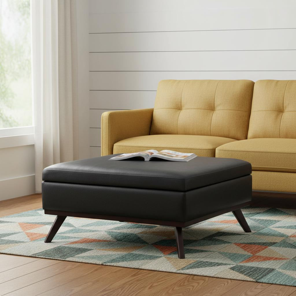 36" Black and Brown Leather Cocktail Ottoman With Storage Default Title