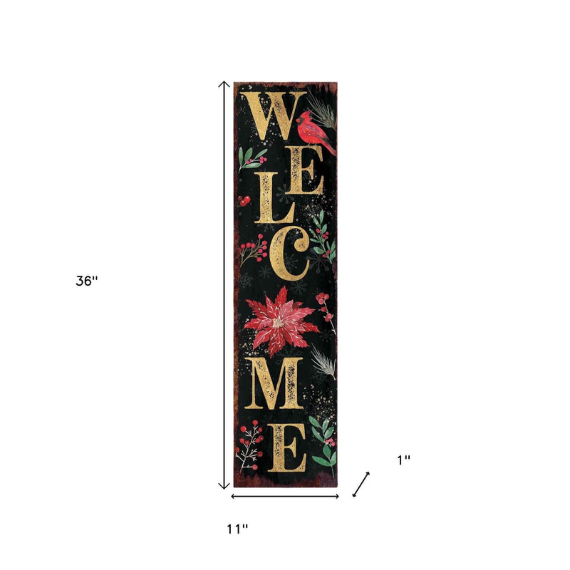 36" Black Gold Red And Green Christmas Poinsettia Solid Wood Porch Sign