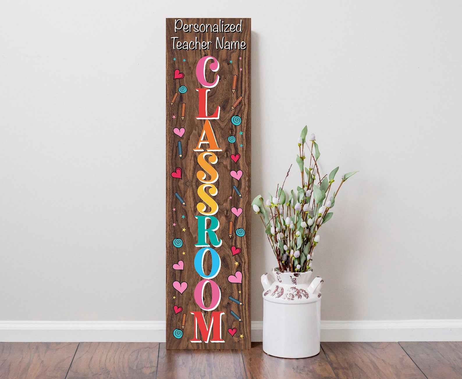 36" Brown Pink Blue Yellow And Red Solid Wood Porch Sign