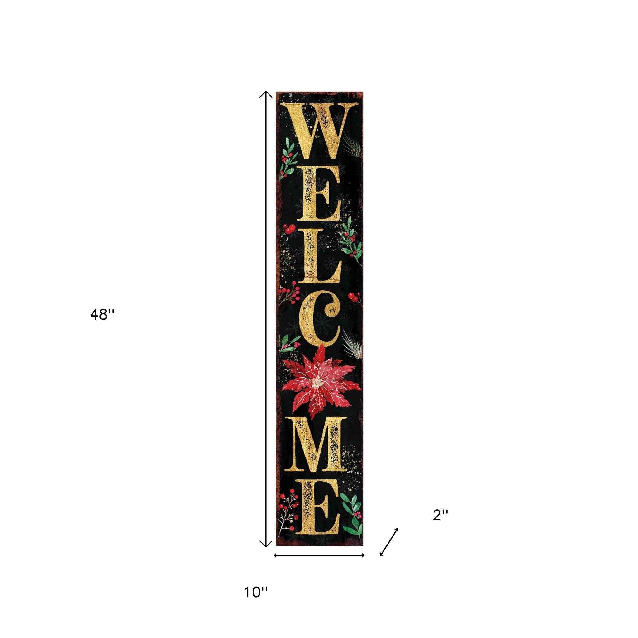 48" Black Gold Red And Green Christmas Poinsettia Solid Wood Porch Sign