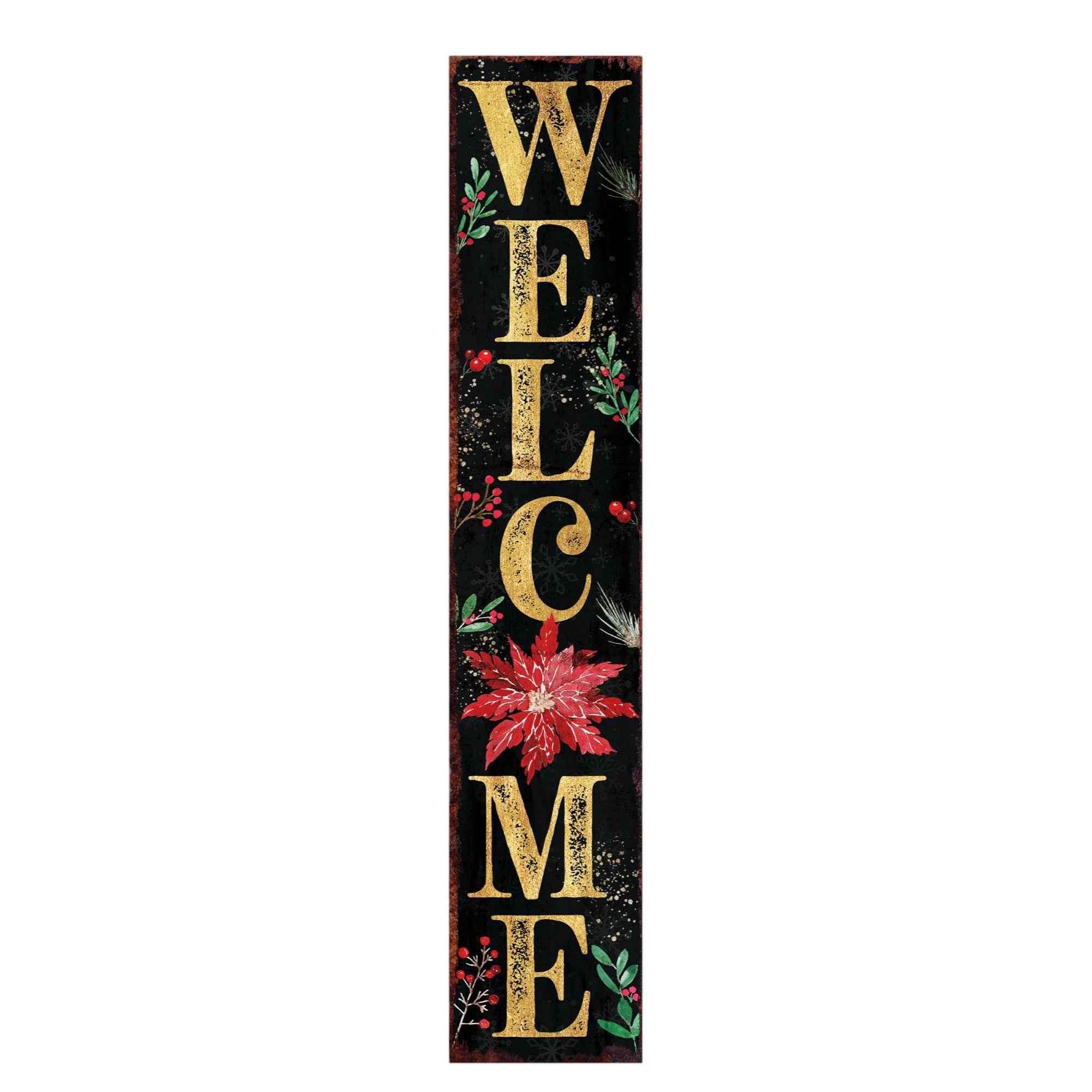 48" Black Gold Red And Green Christmas Poinsettia Solid Wood Porch Sign