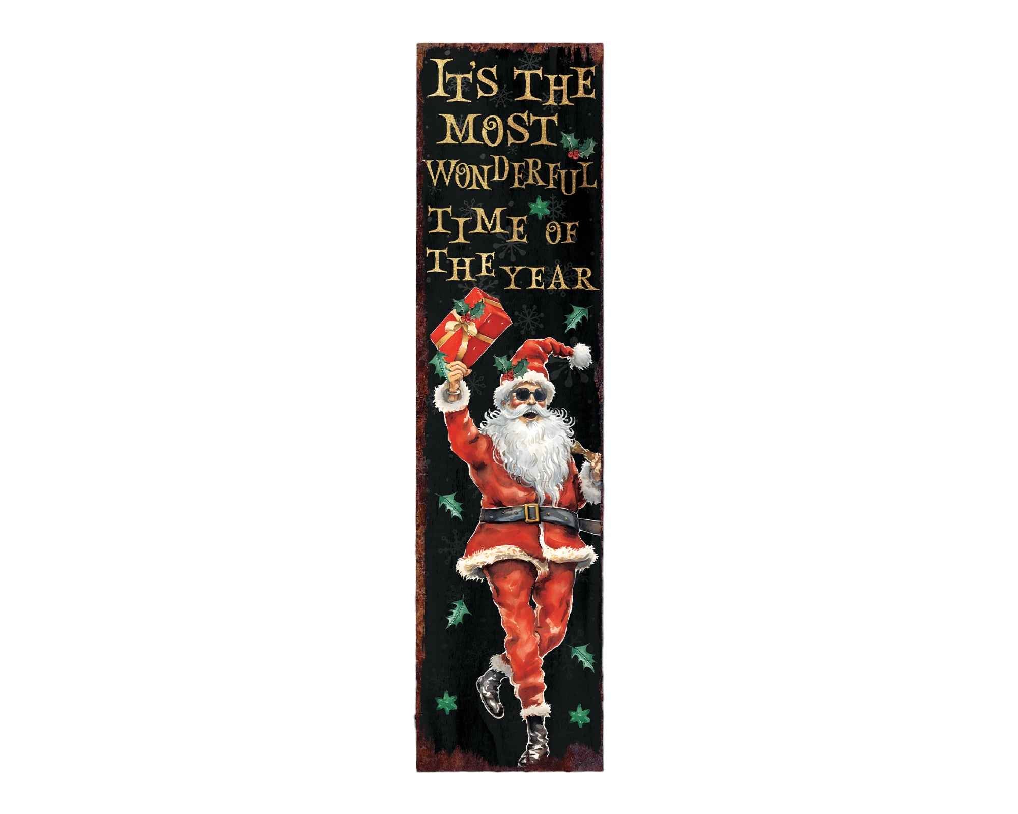 36" Black Gold Red And Green Christmas Santa Solid Wood Porch Sign