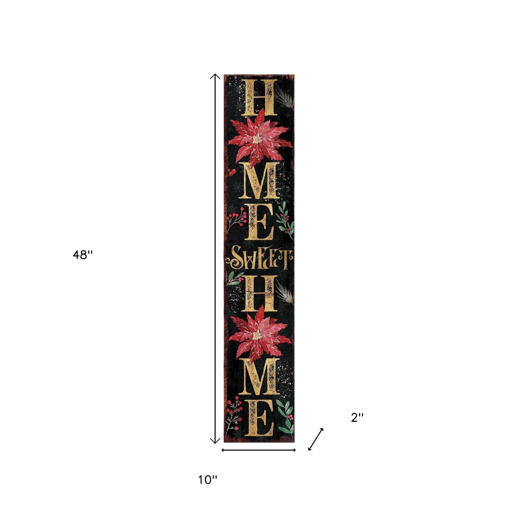 48" Black Gold Red And Green Christmas Poinsettia Solid Wood Porch Sign