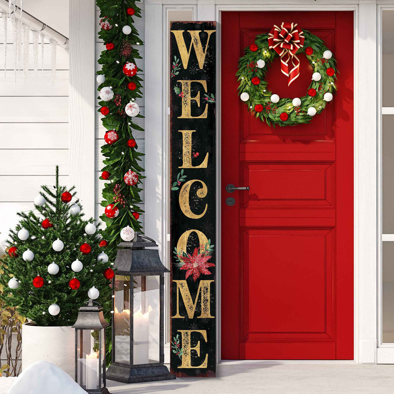 72" Black Gold Red And Green Christmas Poinsettia Solid Wood Porch Sign