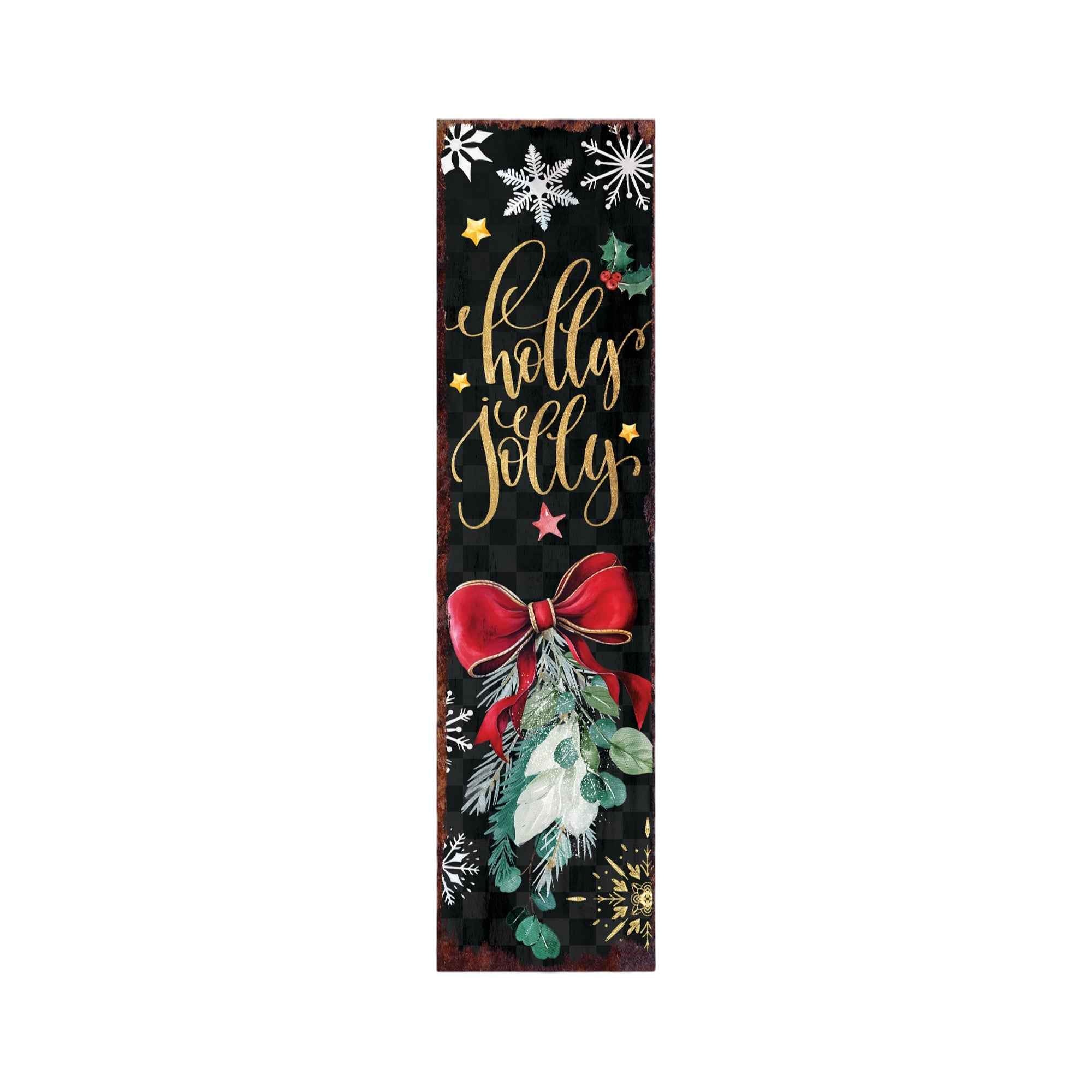 48" Black Gold Red And Green Christmas Snowflakes Solid Wood Porch Sign