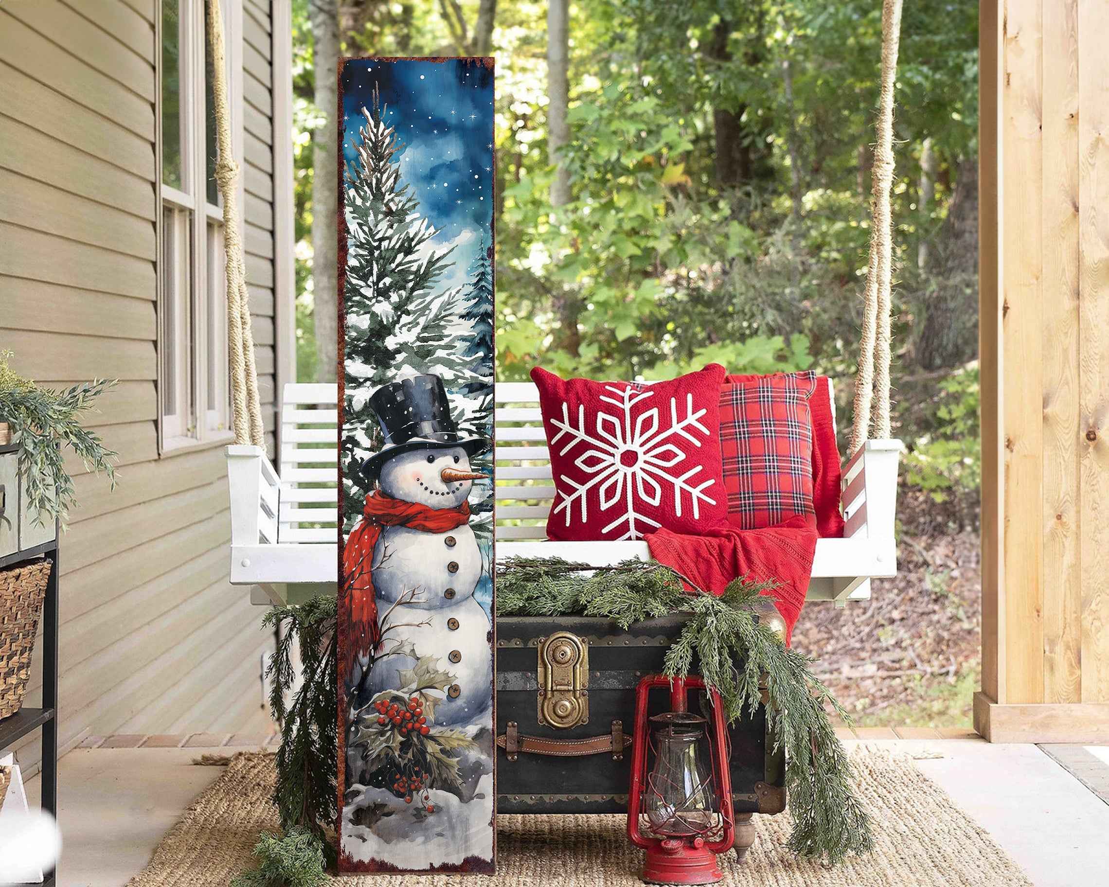 48" Blue White And Red Christmas Snowman Solid Wood Porch Sign