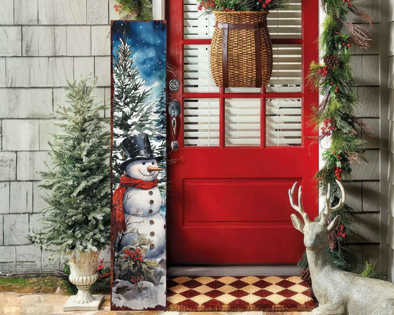 48" Blue White And Red Christmas Snowman Solid Wood Porch Sign