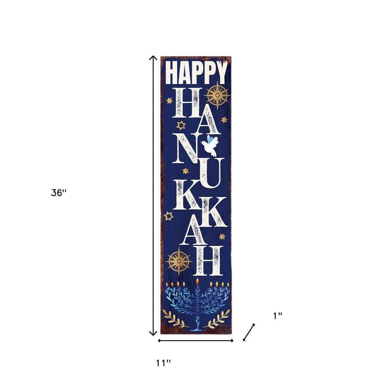 36" Blue White And Gold Hanukkah Tree Solid Wood Porch Sign