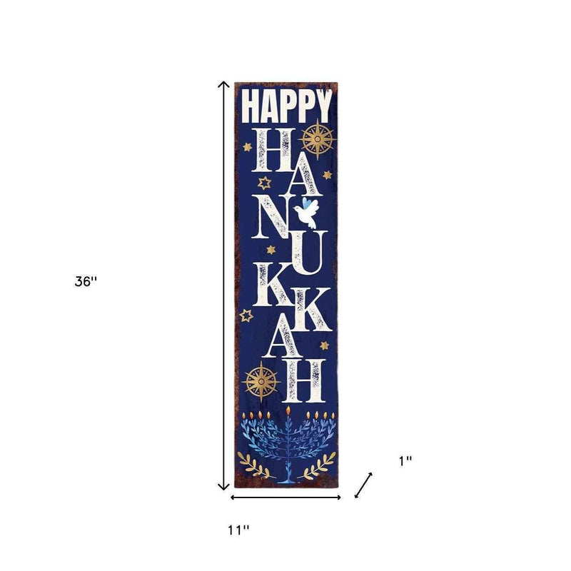 36" Blue White And Gold Hanukkah Tree Solid Wood Porch Sign