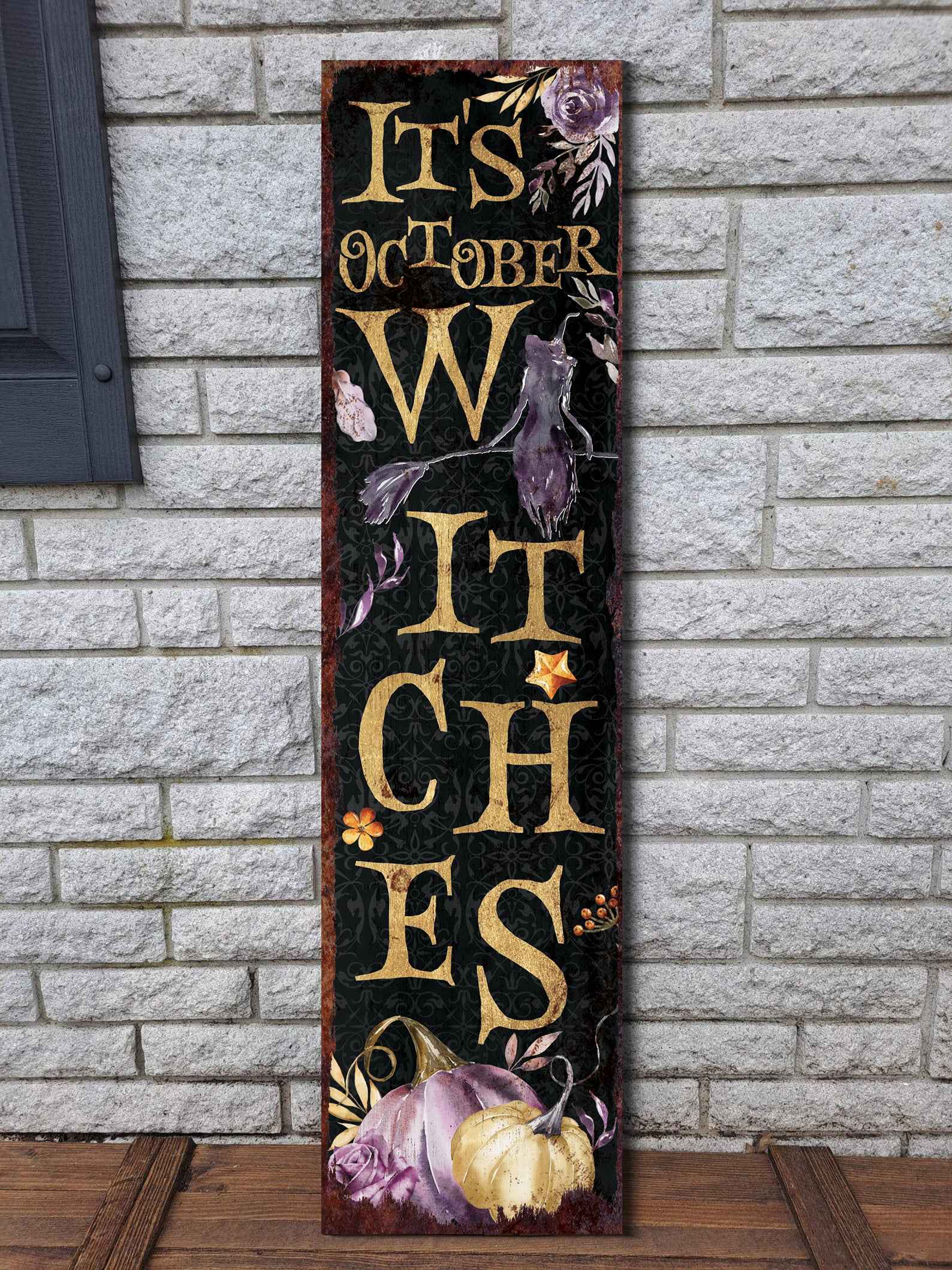 36" Black Gold And Purple Halloween Pumpkin Solid Wood Porch Sign