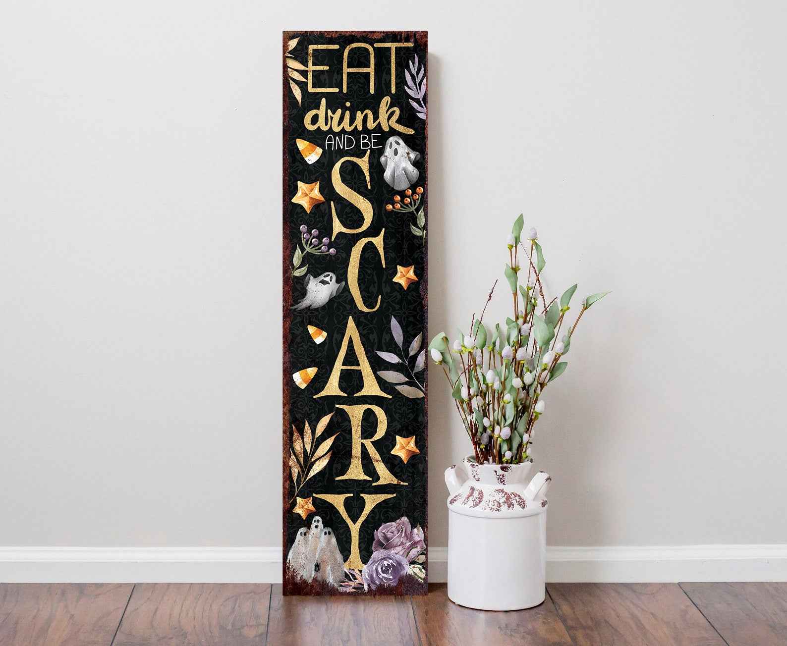 36" Black Gold Orange And Purple Halloween Ghost Solid Wood Porch Sign