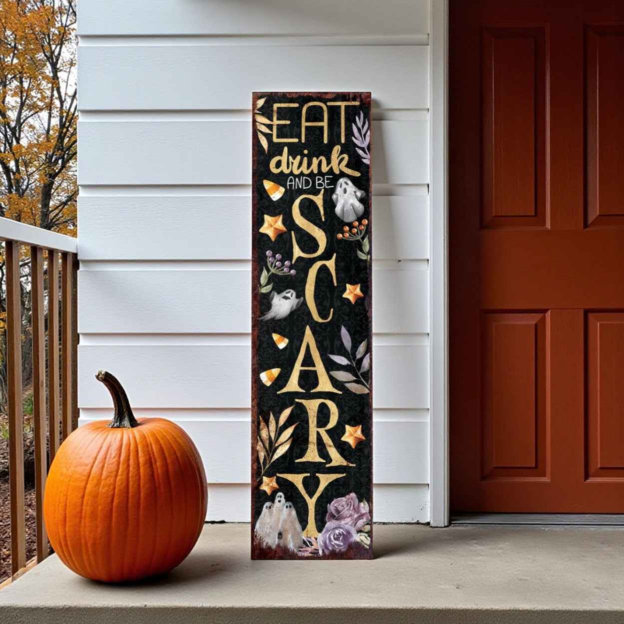 36" Black Gold Orange And Purple Halloween Ghost Solid Wood Porch Sign