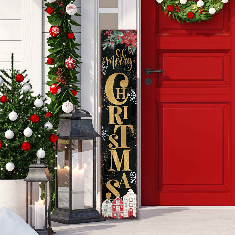 48" Black Gold Red And Green Christmas Poinsettia Solid Wood Porch Sign