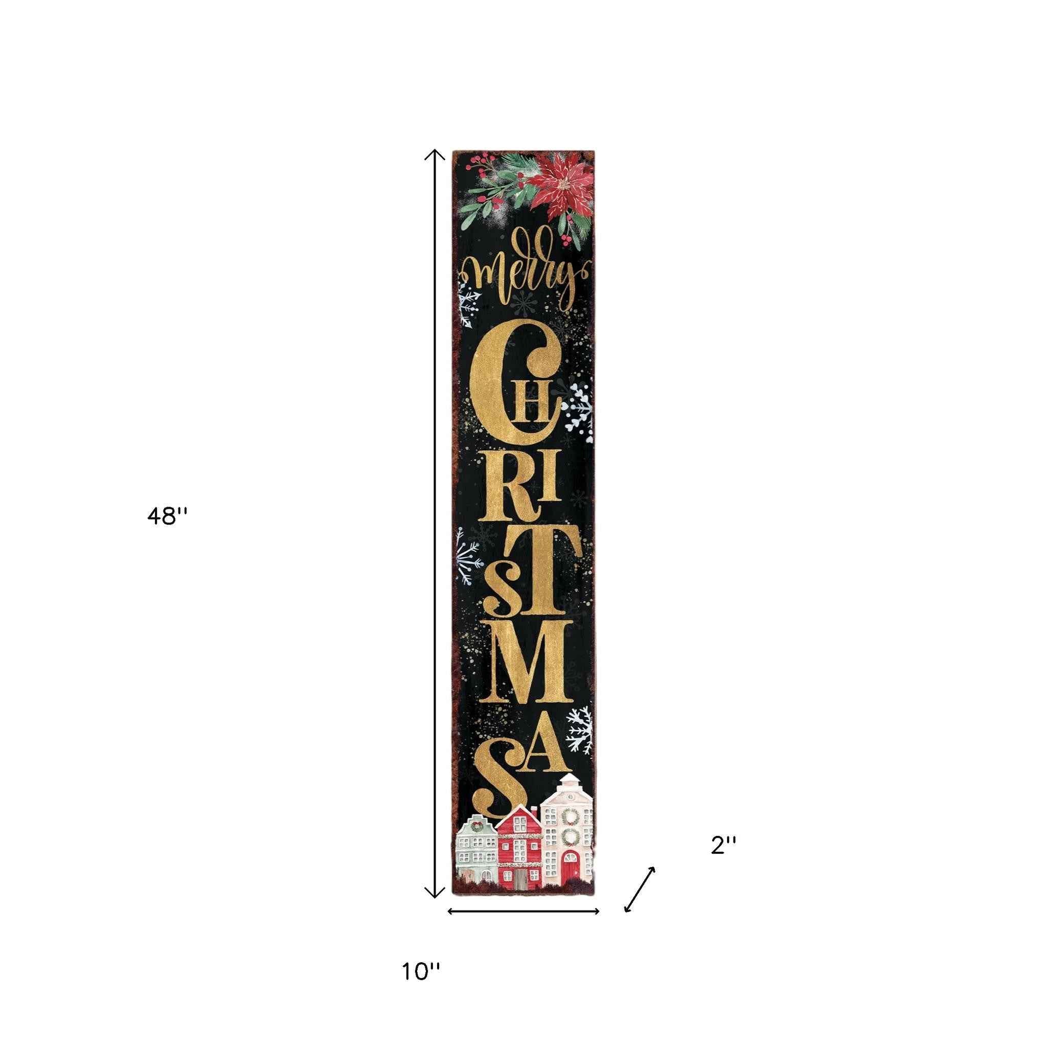 48" Black Gold Red And Green Christmas Poinsettia Solid Wood Porch Sign
