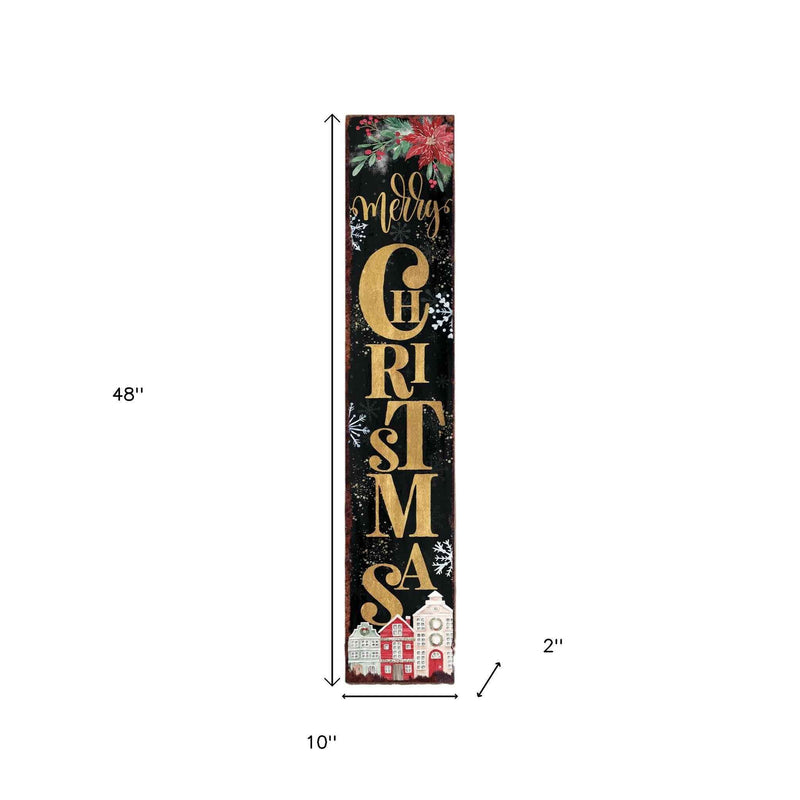 48" Black Gold Red And Green Christmas Poinsettia Solid Wood Porch Sign