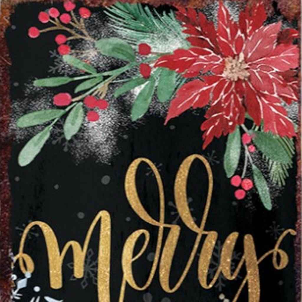 48" Black Gold Red And Green Christmas Poinsettia Solid Wood Porch Sign