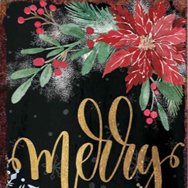 48" Black Gold Red And Green Christmas Poinsettia Solid Wood Porch Sign