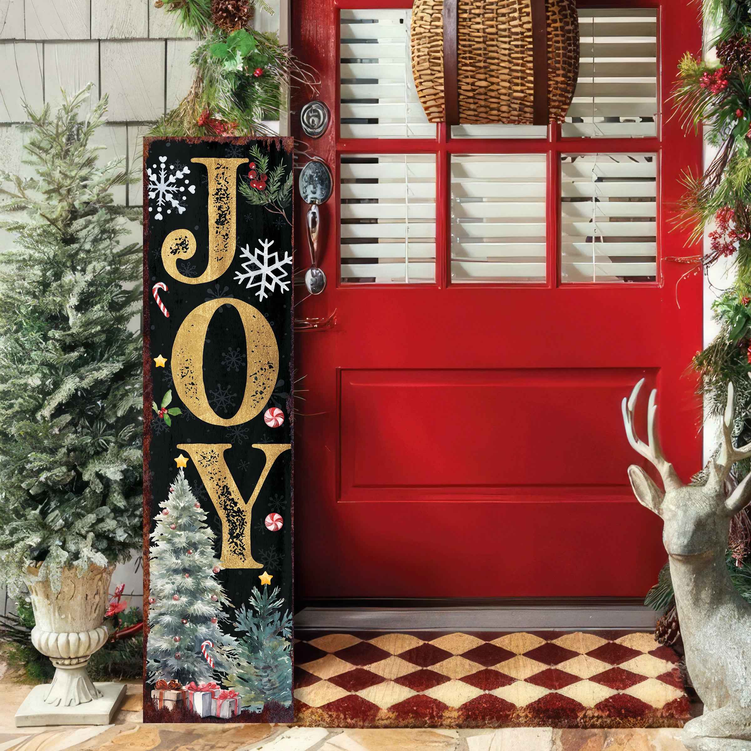 36" Black Gold And Green Christmas Tree Solid Wood Porch Sign