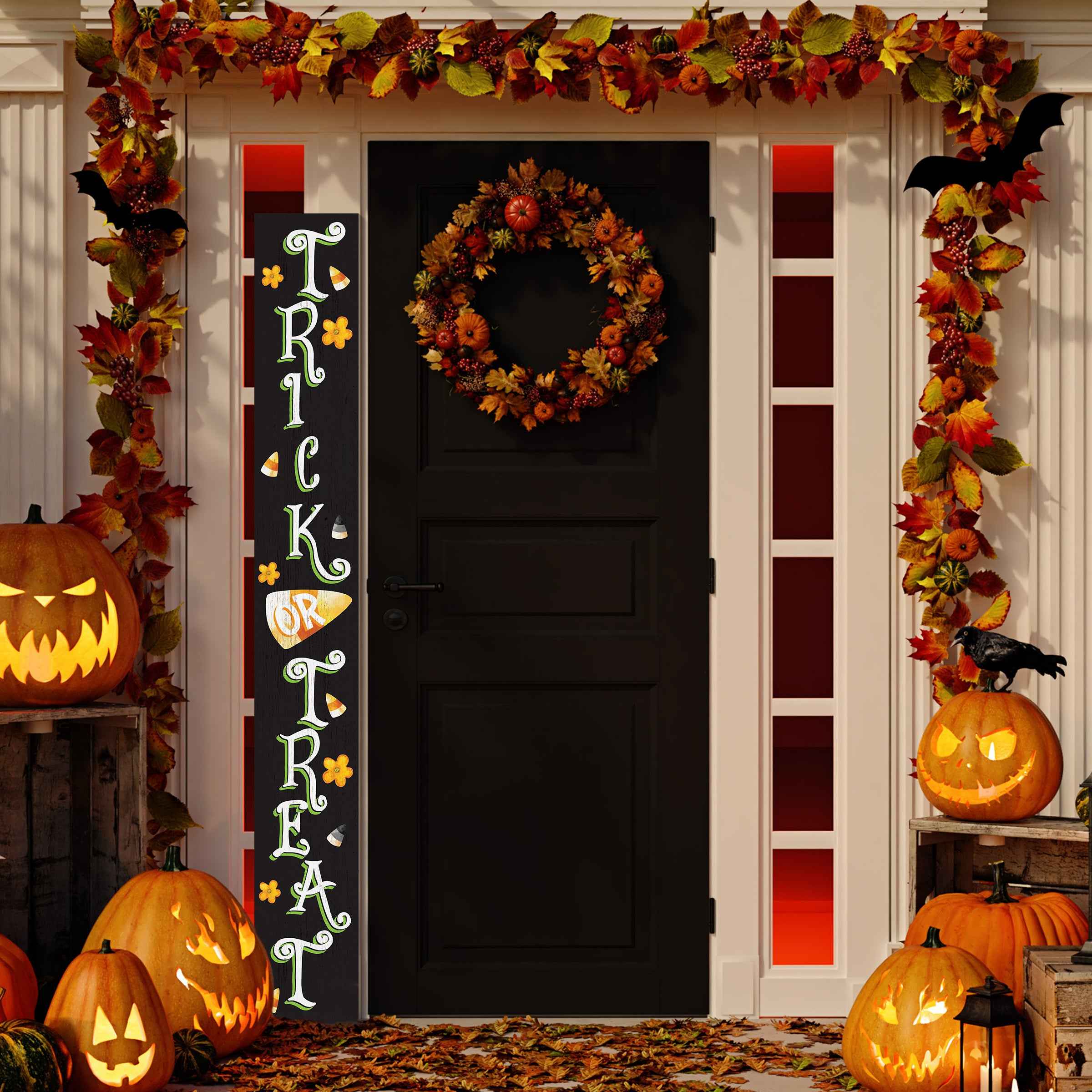 72" Black White And Orange Halloween Pumpkin Solid Wood Porch Sign