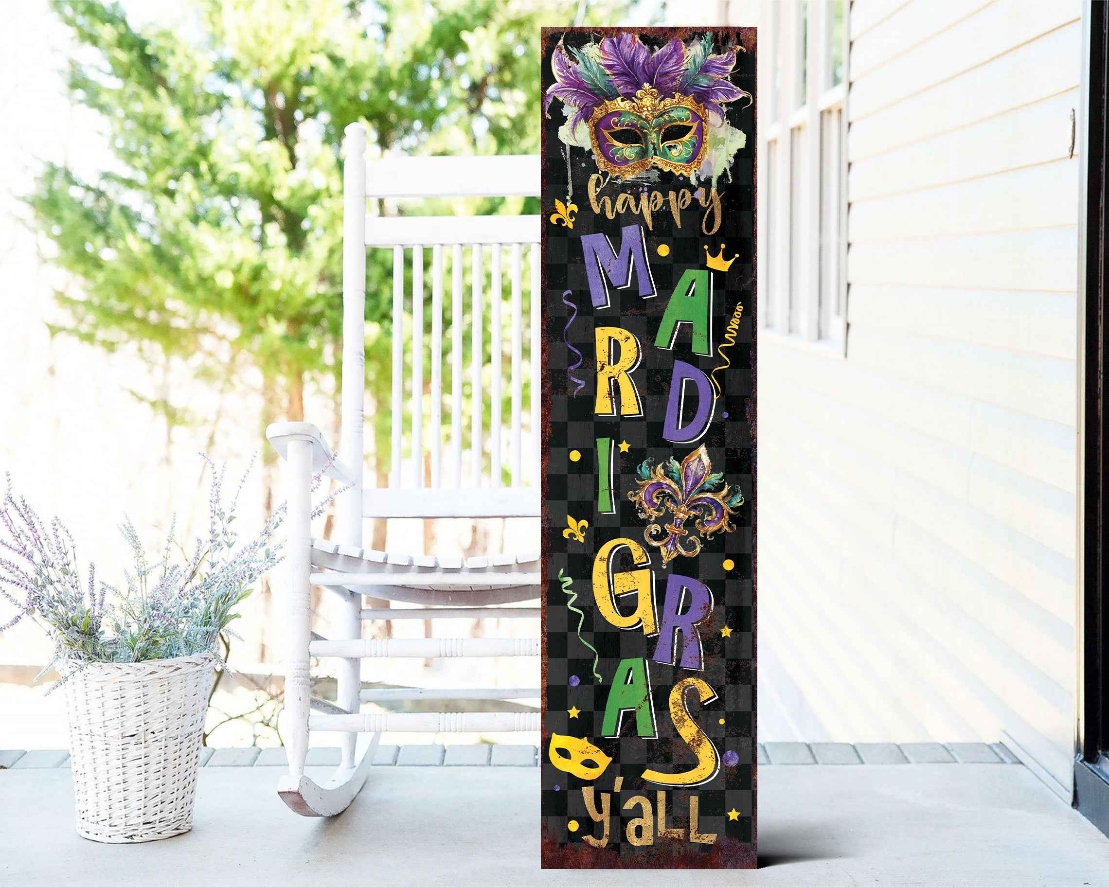 36" Black Purple Green And Yellow Mardi Gras Fireworks Solid Wood Porch Sign