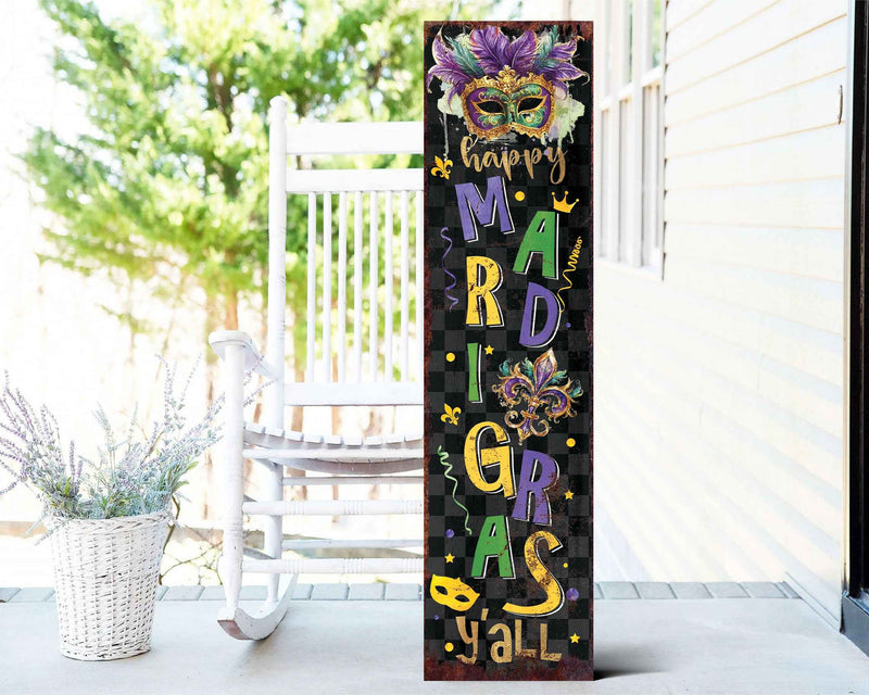 36" Black Purple Green And Yellow Mardi Gras Fireworks Solid Wood Porch Sign