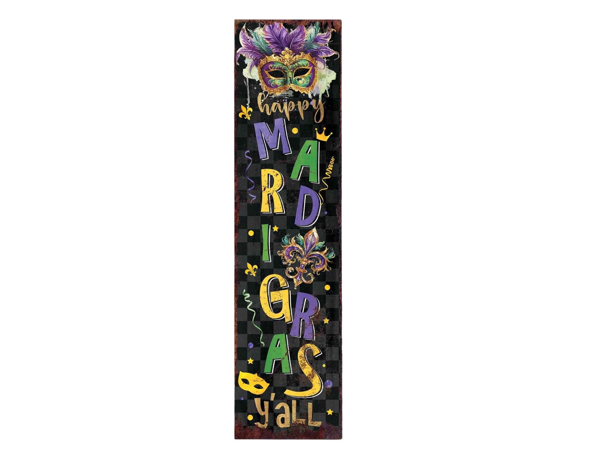 36" Black Purple Green And Yellow Mardi Gras Fireworks Solid Wood Porch Sign