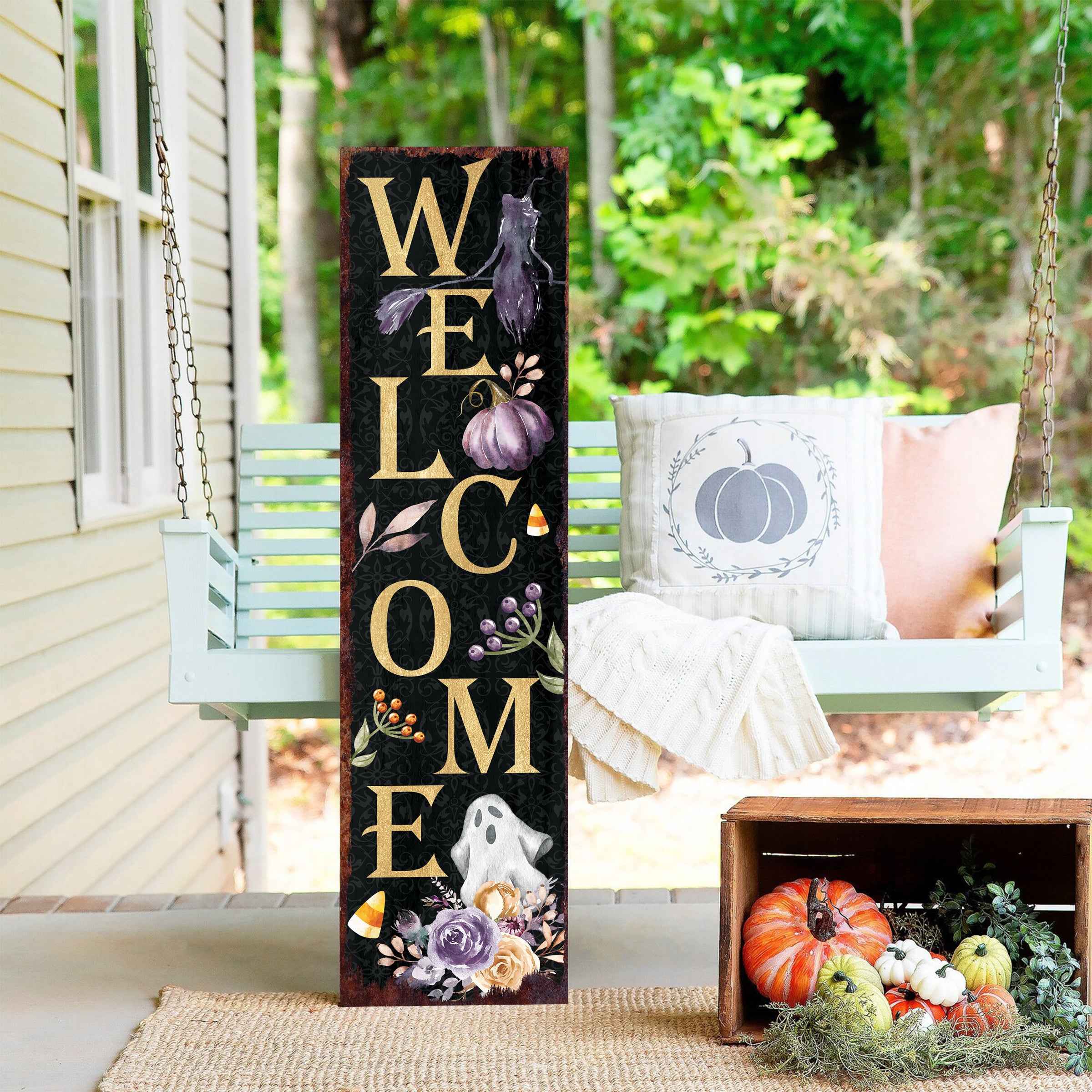 36" Black Gold And Purple Halloween Ghost Solid Wood Porch Sign