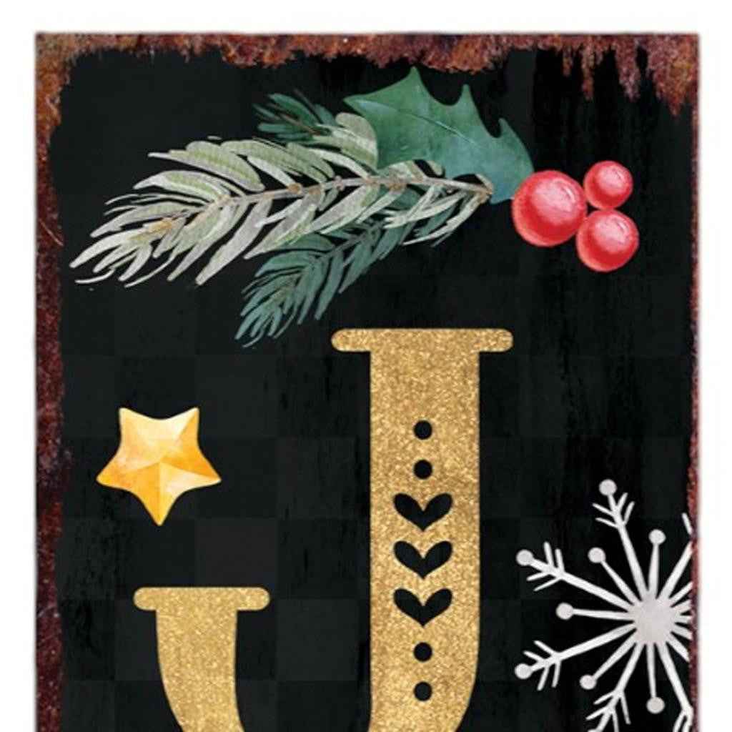 36" Black Gold Red And Green Christmas Snowflakes Solid Wood Porch Sign