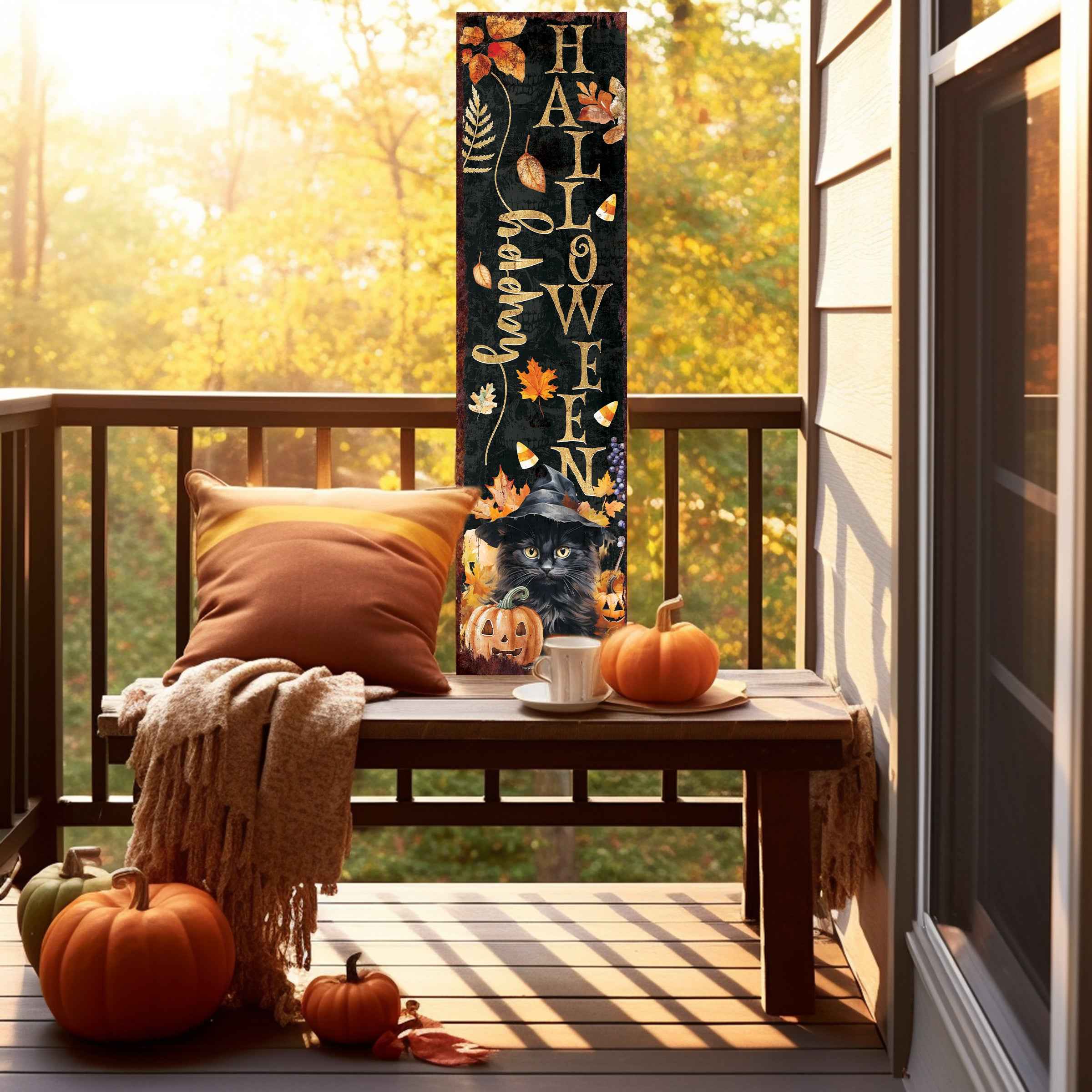 36" Black Gold And Orange Halloween Pumpkin Solid Wood Porch Sign