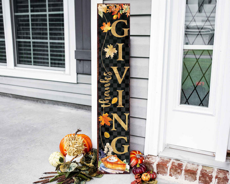 48" Black Gold And Orange Thanksgiving Autumn Leaves Solid Wood Porch Sign