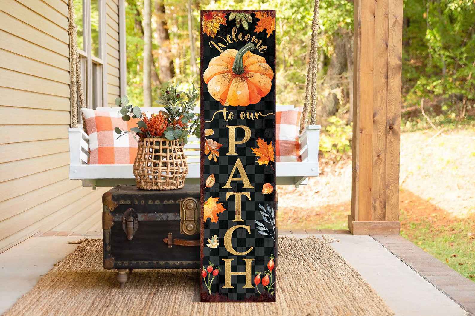 36" Black Gold And Orange Solid Wood Porch Sign