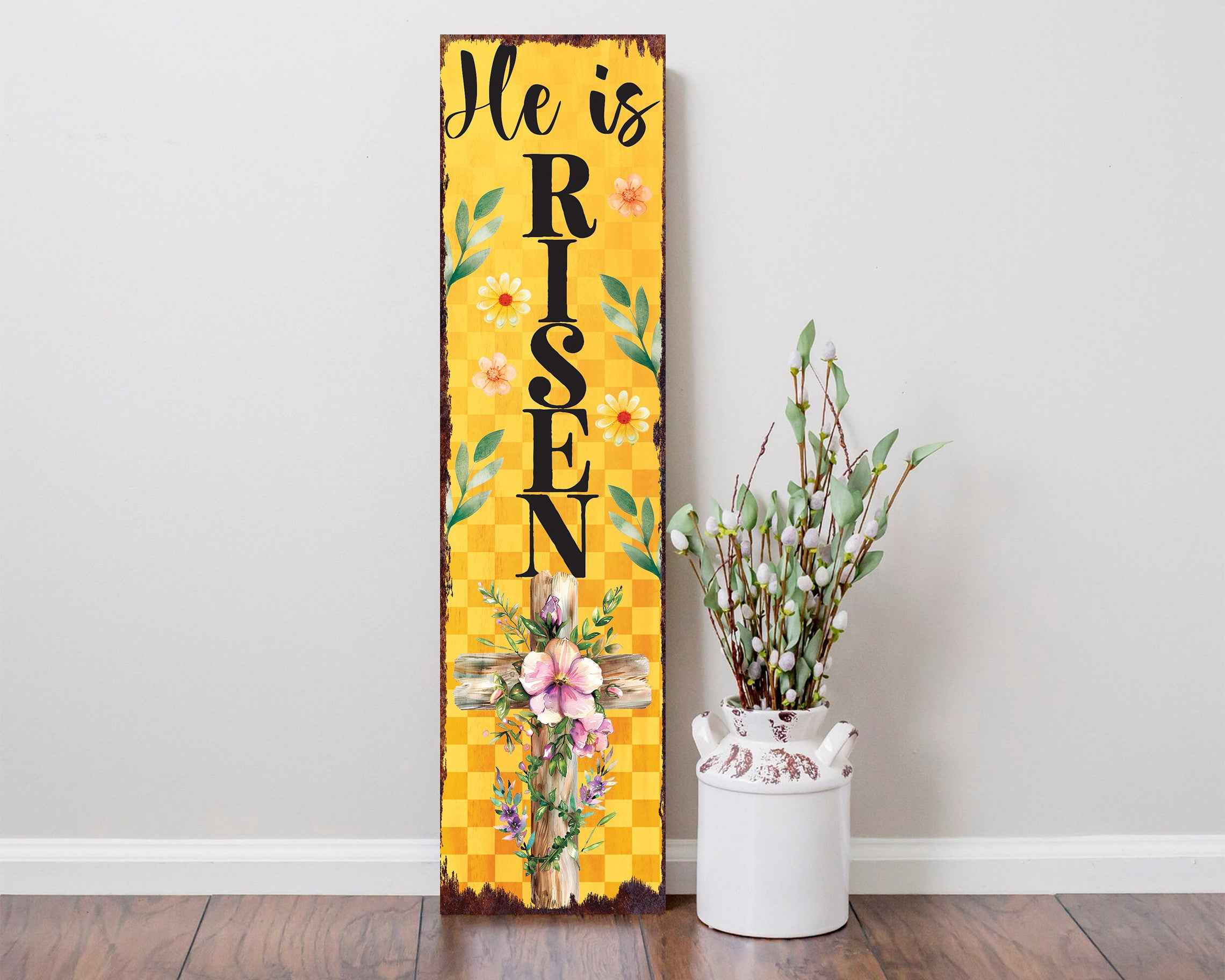 36" Yellow And Black Solid Wood He is Risen Easter Wreath Porch Sign