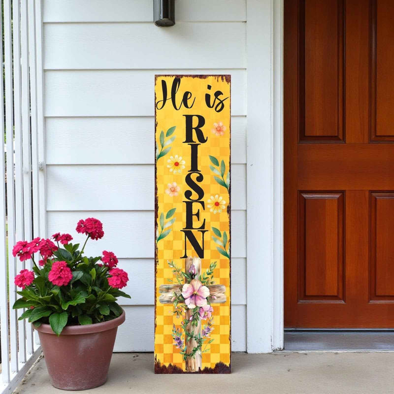 36" Yellow And Black Solid Wood He is Risen Easter Wreath Porch Sign