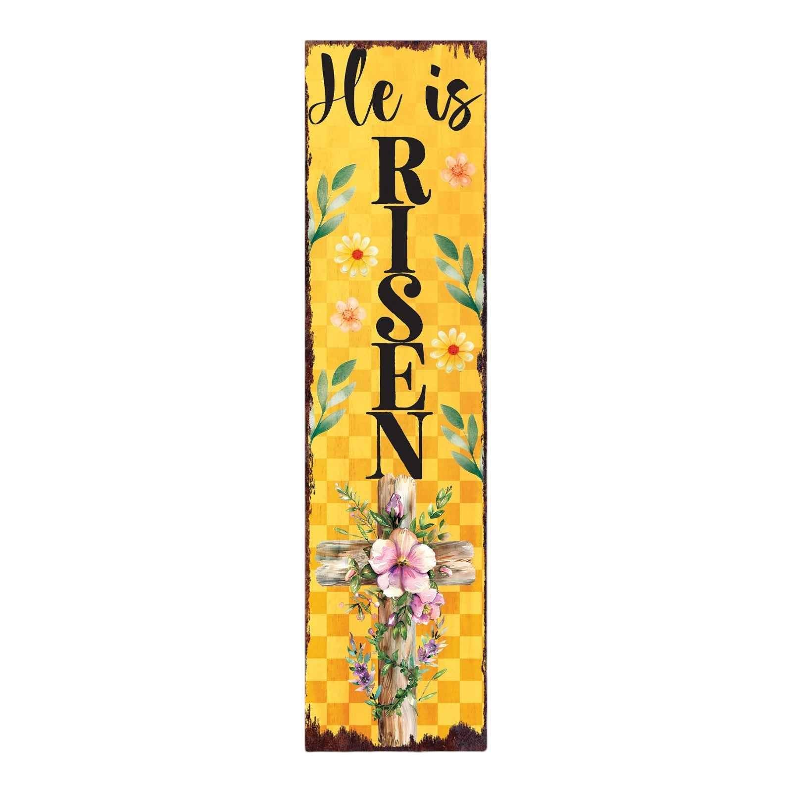 36" Yellow And Black Solid Wood He is Risen Easter Wreath Porch Sign